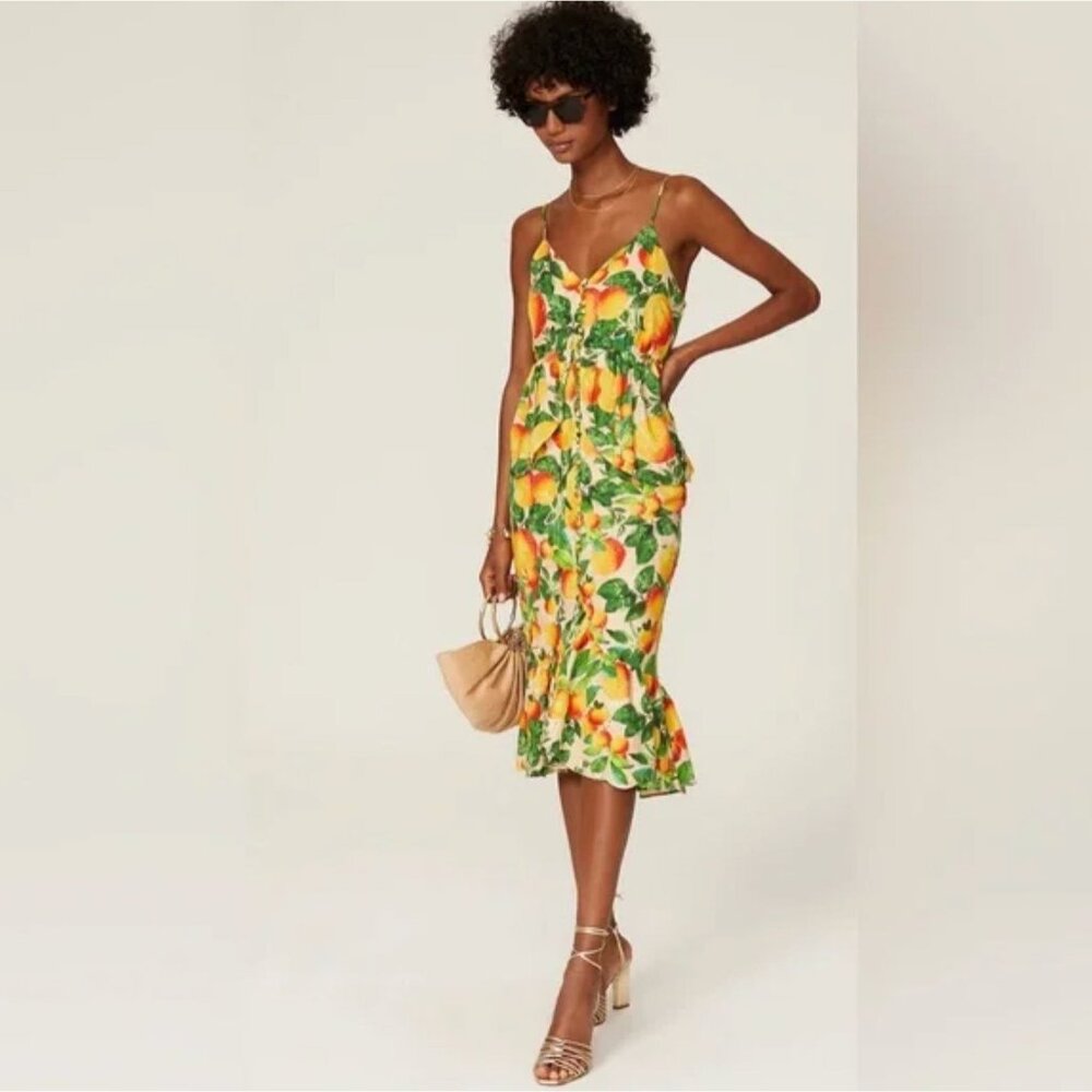 FARM RIO Orange Sands Citrus Print Midi Dress Fruit Novelty Eyelet Maximalist